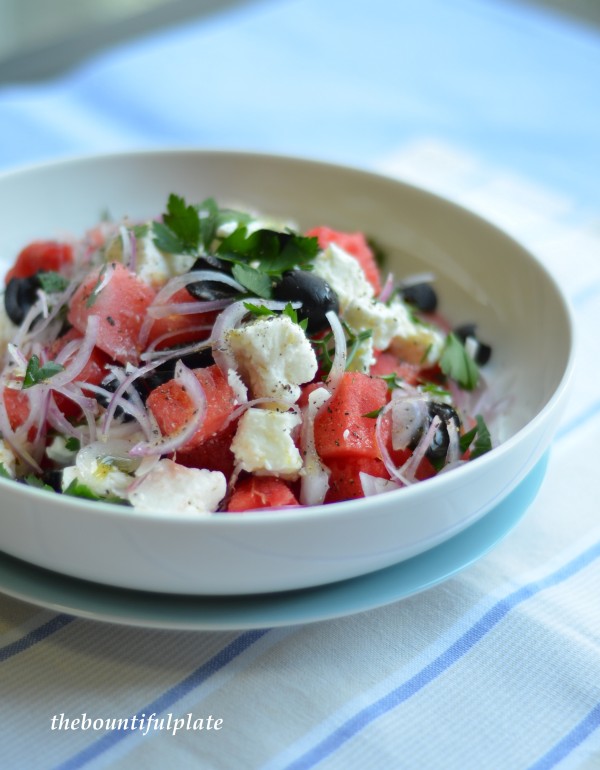 Watermelon, feta, olive salad